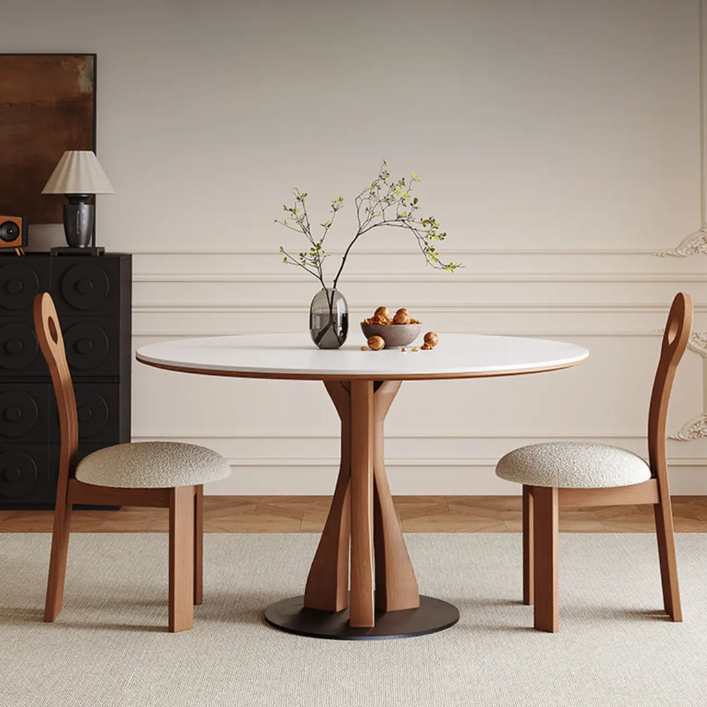 Table de salle à manger ronde en bois brun et pierre blanche de style moderne du milieu du siècle
