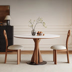 Table de salle à manger ronde en bois brun et pierre blanche de style moderne du milieu du siècle