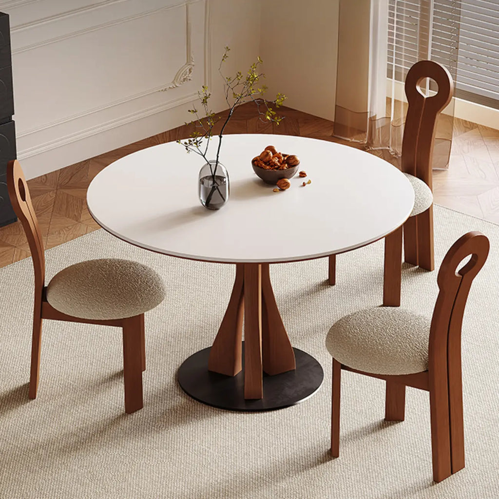 Table de salle à manger ronde en bois brun et pierre blanche de style moderne du milieu du siècle