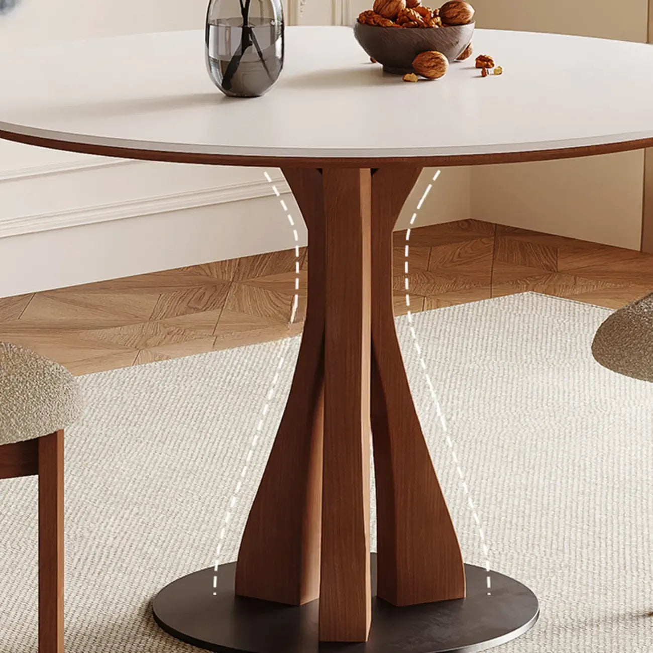 Table de salle à manger ronde en bois brun et pierre blanche de style moderne du milieu du siècle