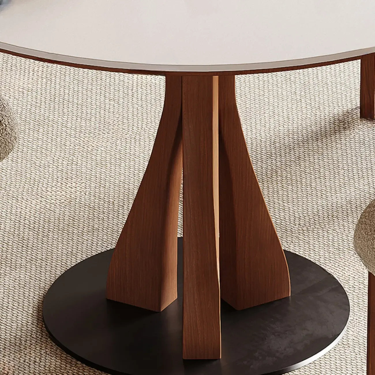 Table de salle à manger ronde en bois brun et pierre blanche de style moderne du milieu du siècle