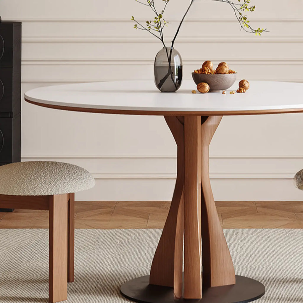 Table de salle à manger ronde en bois brun et pierre blanche de style moderne du milieu du siècle