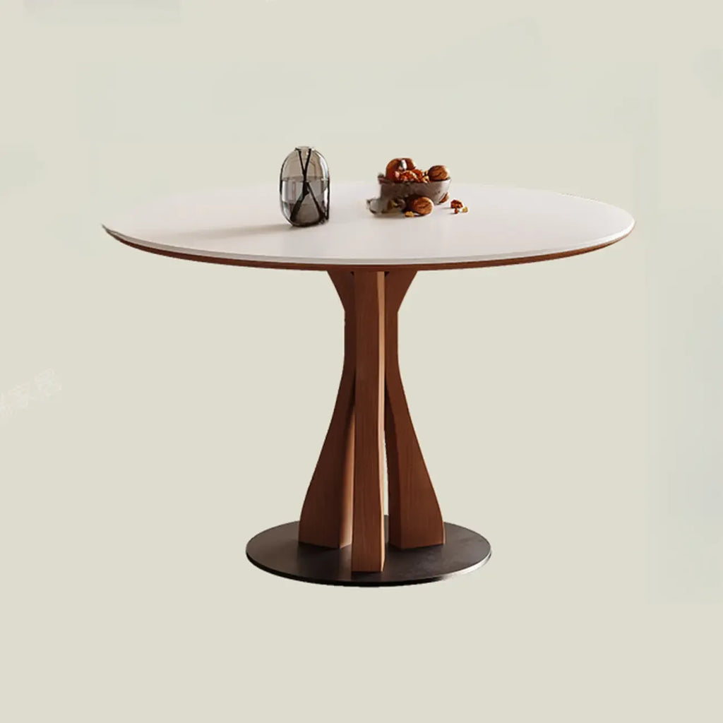 Table de salle à manger ronde en bois brun et pierre blanche de style moderne du milieu du siècle