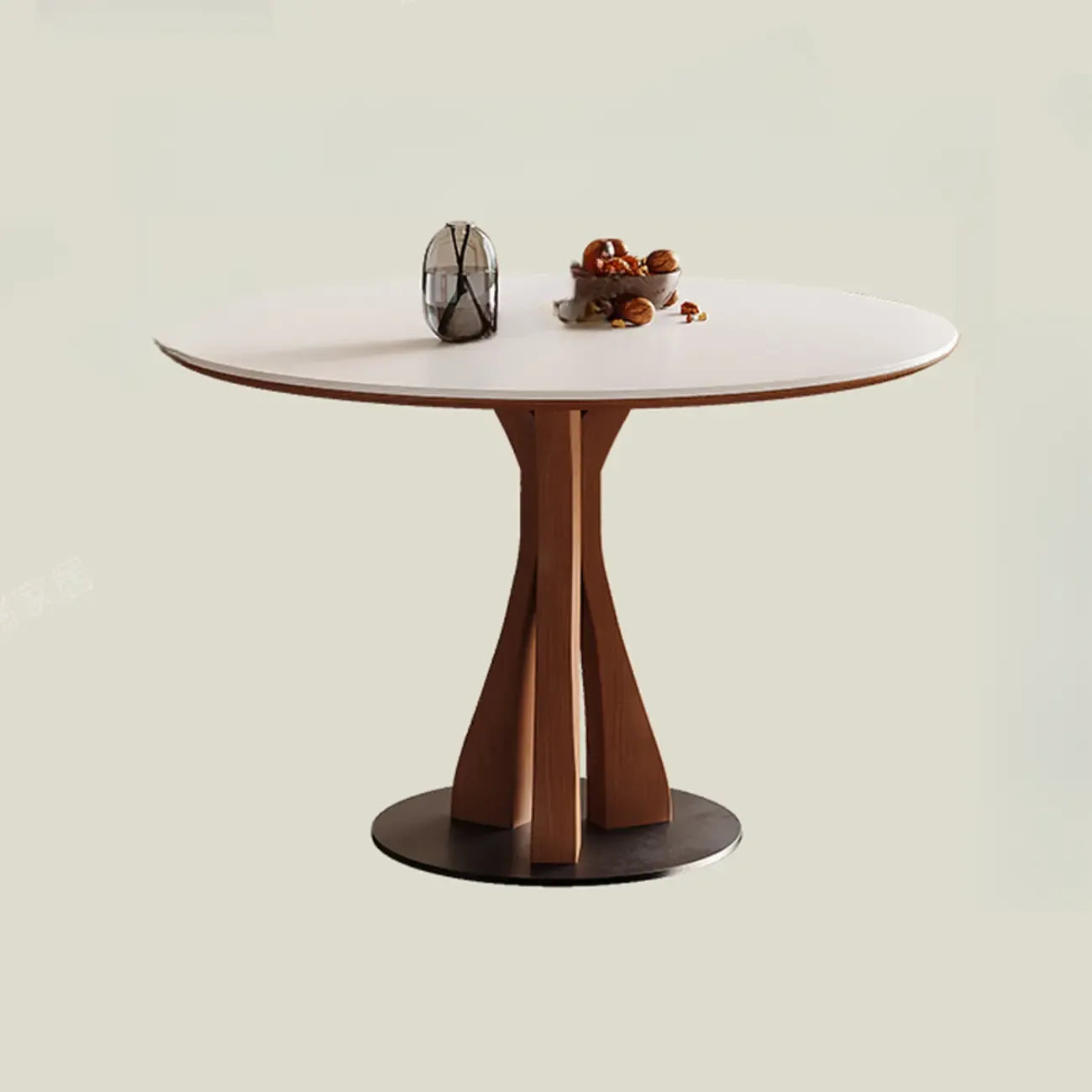 Table de salle à manger ronde en bois brun et pierre blanche de style moderne du milieu du siècle
