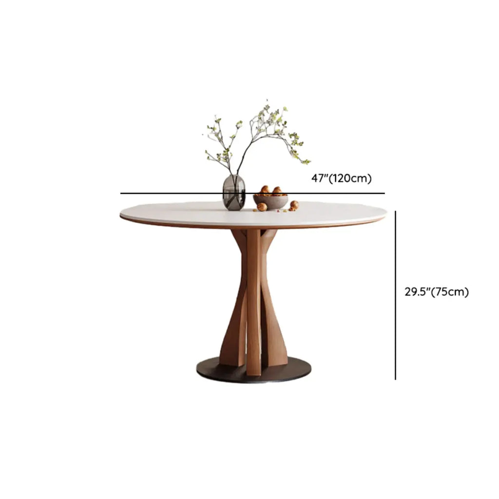 Table de salle à manger ronde en bois brun et pierre blanche de style moderne du milieu du siècle