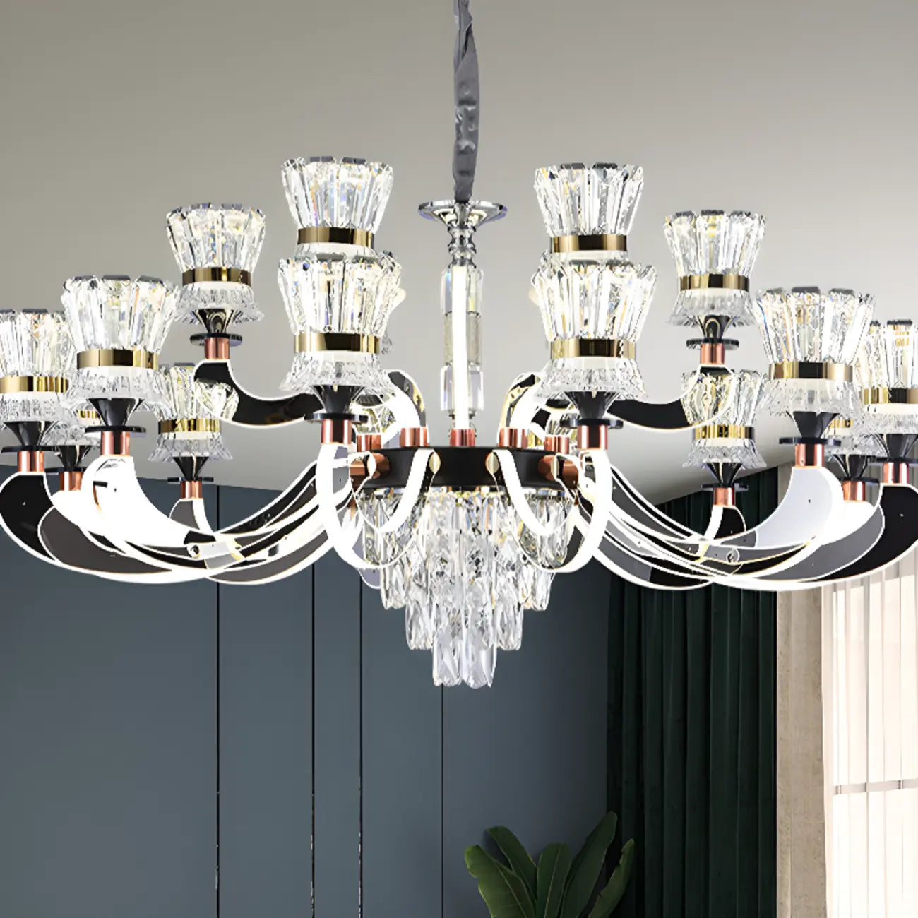 Lustre moderne à plusieurs niveaux en cristal chromé de luxe avec éclairage LED à intensité variable