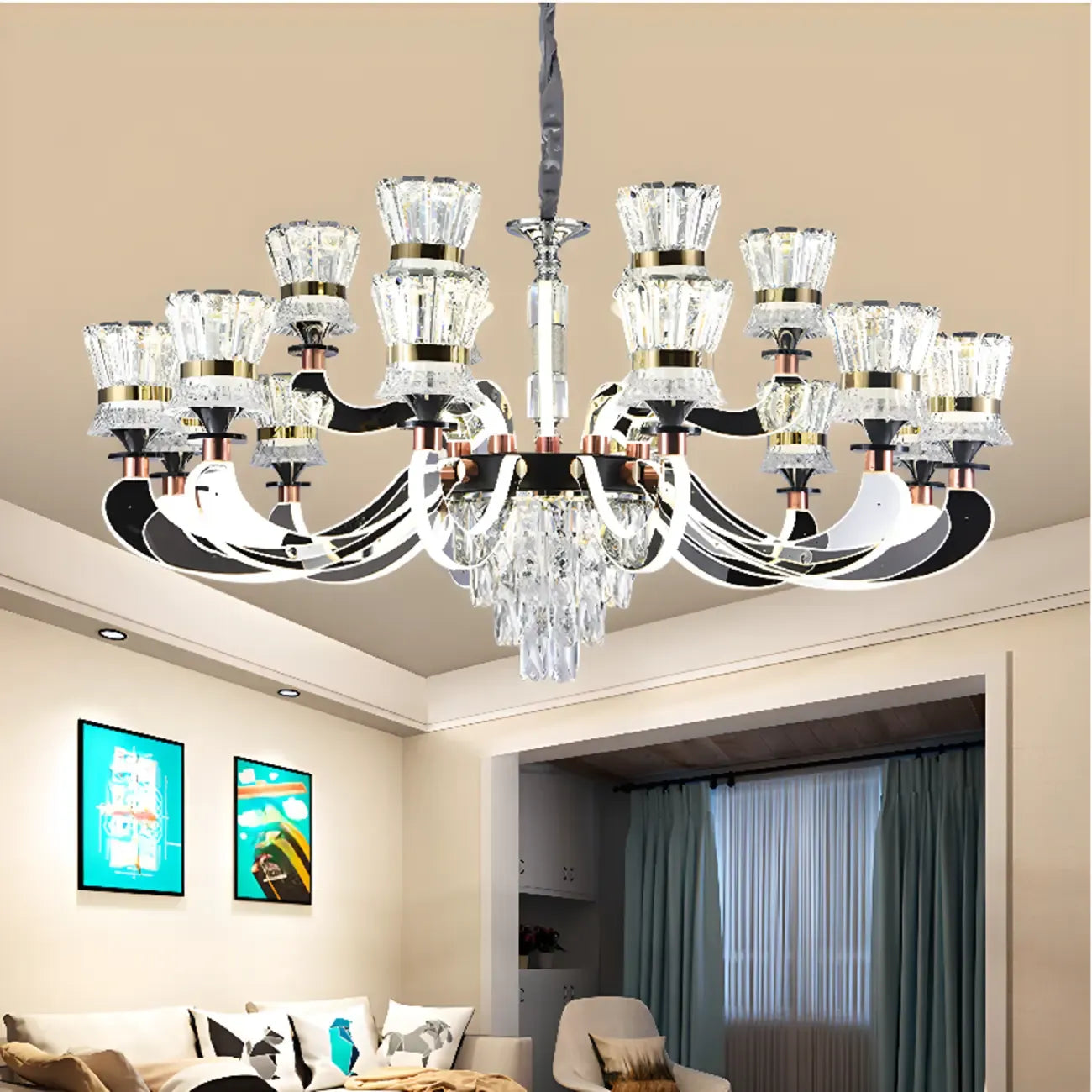 Lustre moderne à plusieurs niveaux en cristal chromé de luxe avec éclairage LED à intensité variable
