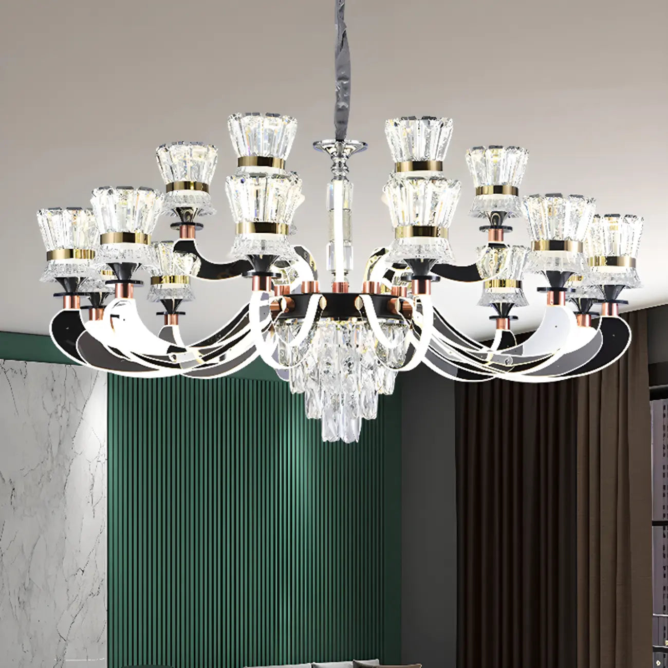 Lustre moderne à plusieurs niveaux en cristal chromé de luxe avec éclairage LED à intensité variable