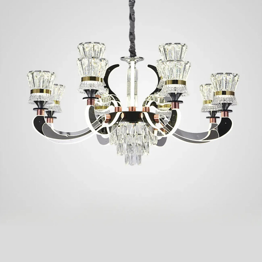 Lustre moderne à plusieurs niveaux en cristal chromé de luxe avec éclairage LED à intensité variable