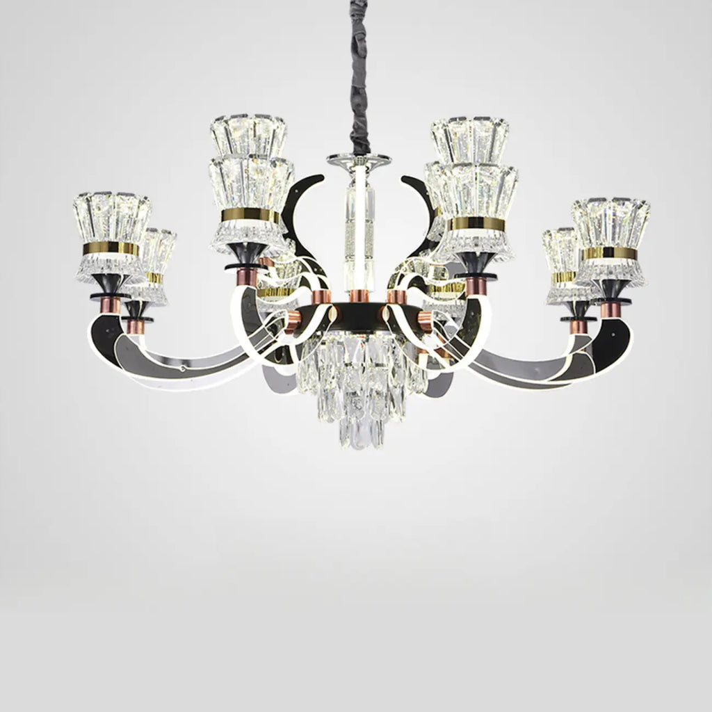 Lustre moderne à plusieurs niveaux en cristal chromé de luxe avec éclairage LED à intensité variable