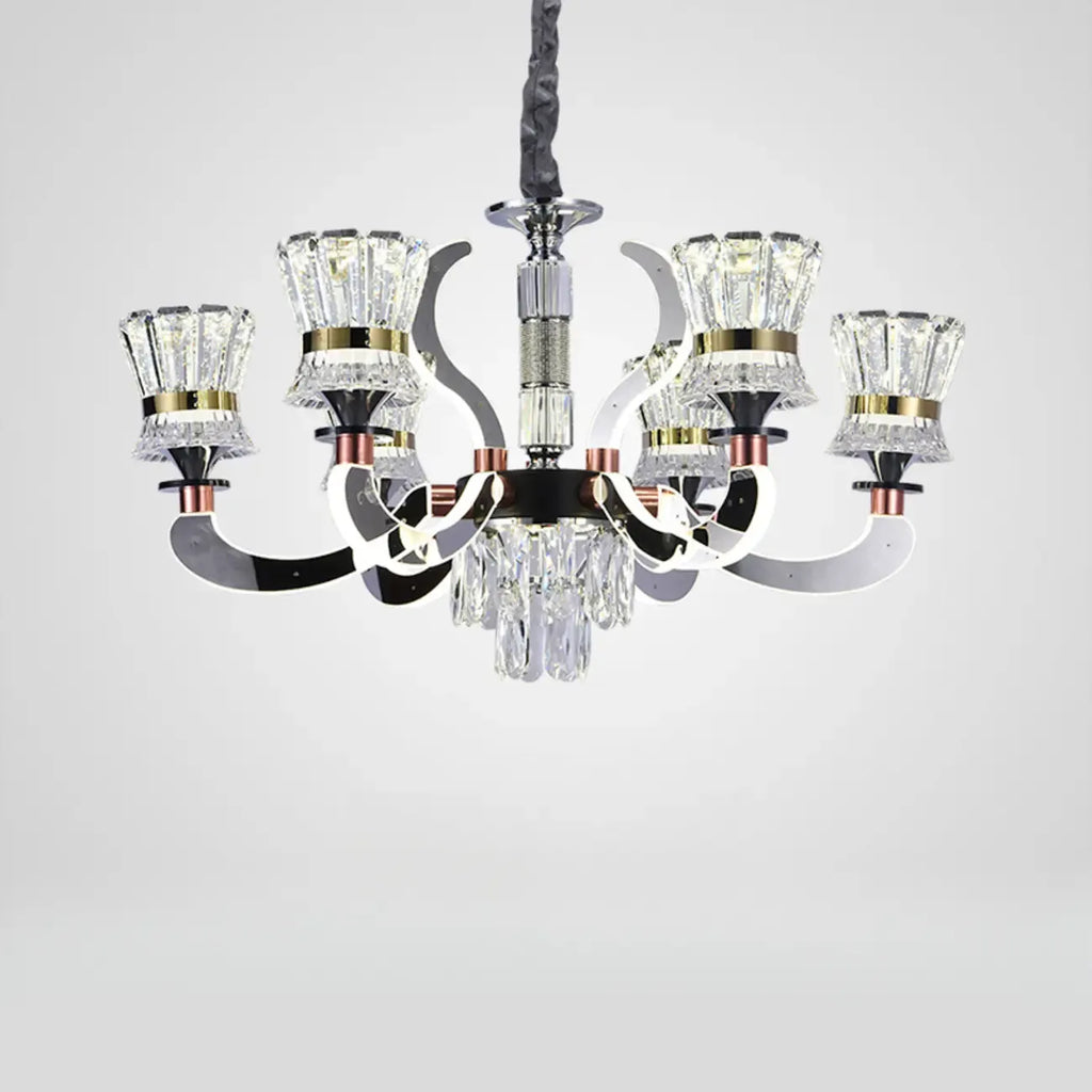 Lustre moderne à plusieurs niveaux en cristal chromé de luxe avec éclairage LED à intensité variable