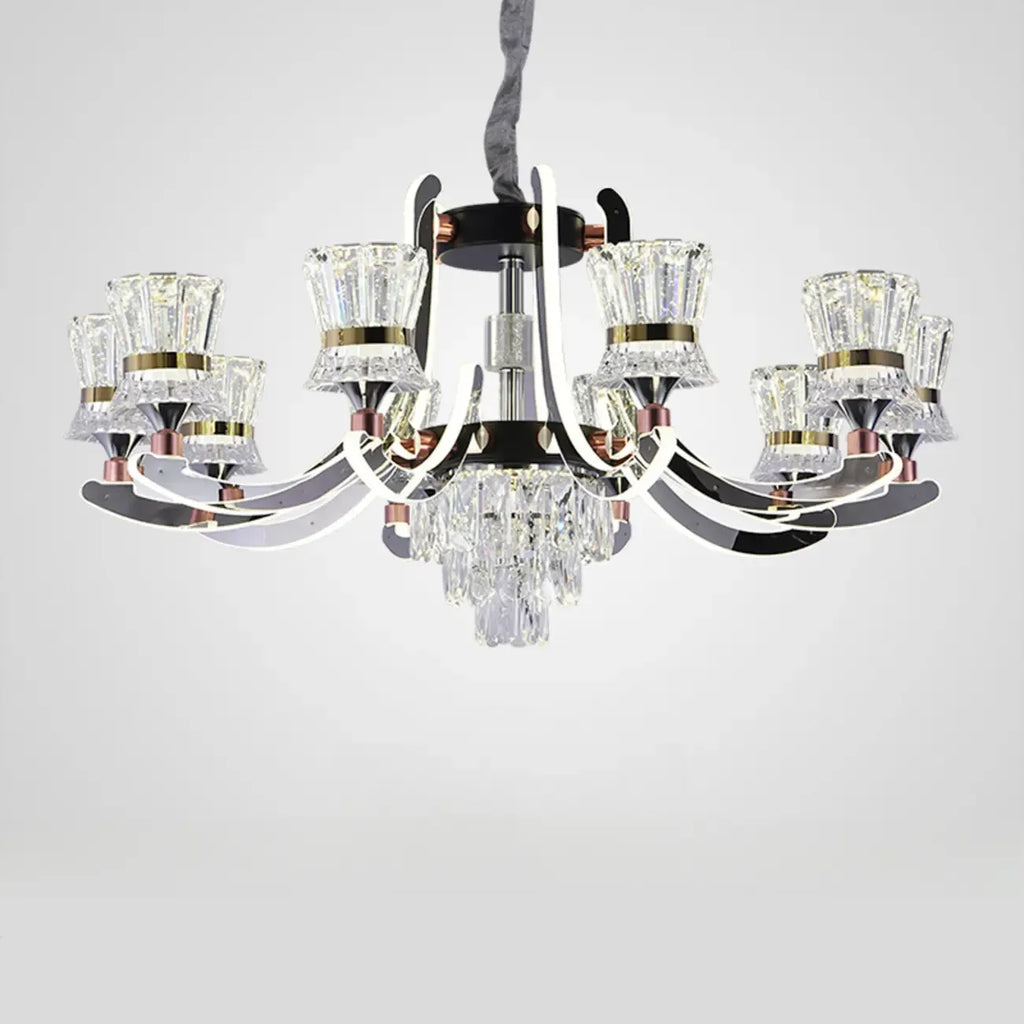 Lustre moderne à plusieurs niveaux en cristal chromé de luxe avec éclairage LED à intensité variable