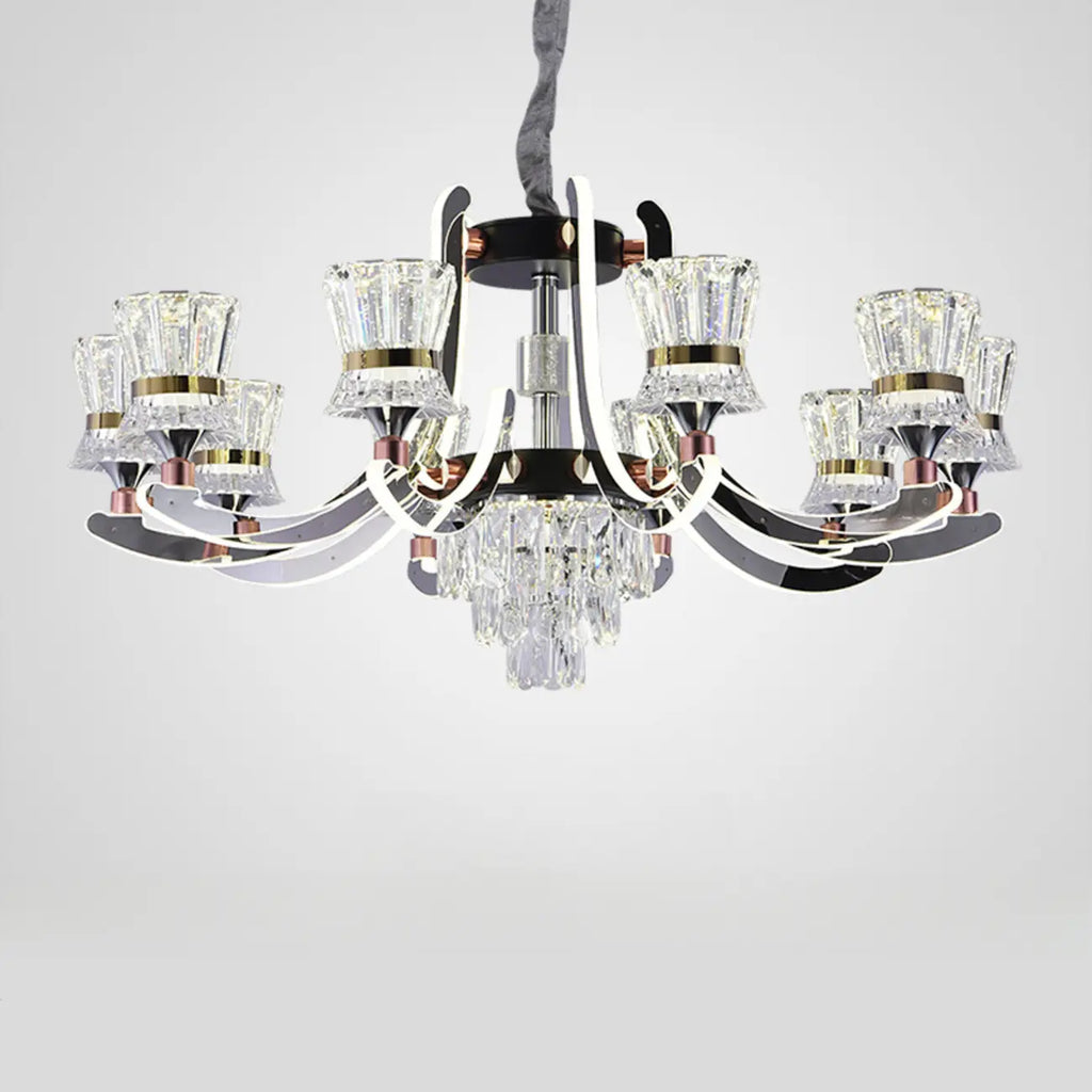 Lustre moderne à plusieurs niveaux en cristal chromé de luxe avec éclairage LED à intensité variable