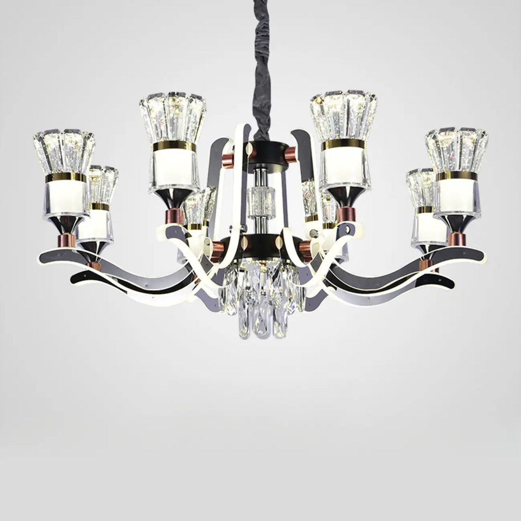 Lustre moderne à plusieurs niveaux en cristal chromé de luxe avec éclairage LED à intensité variable
