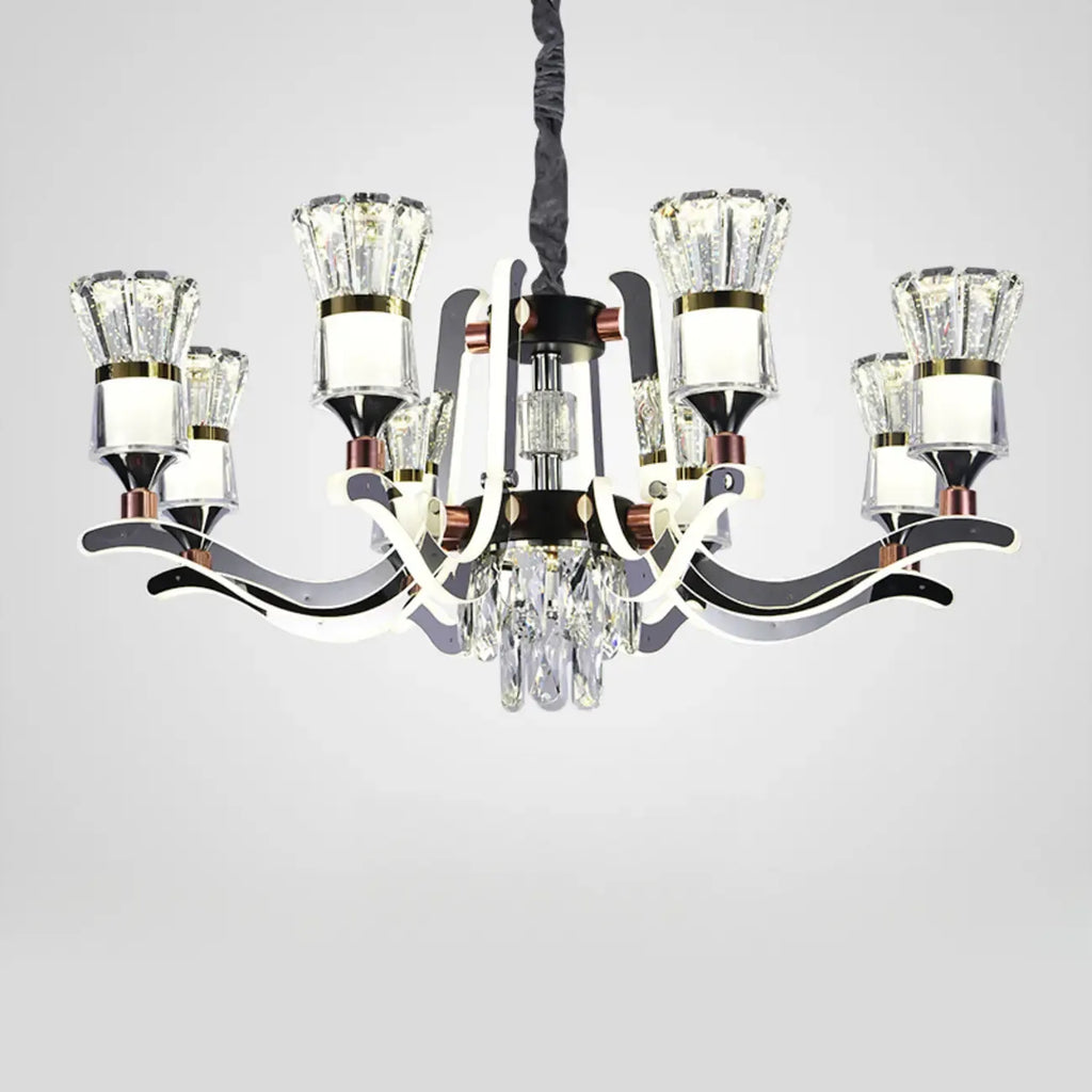 Lustre moderne à plusieurs niveaux en cristal chromé de luxe avec éclairage LED à intensité variable