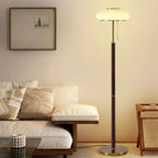 Lampadaire moderne à 3 lumières en noyer avec abat-jour en verre