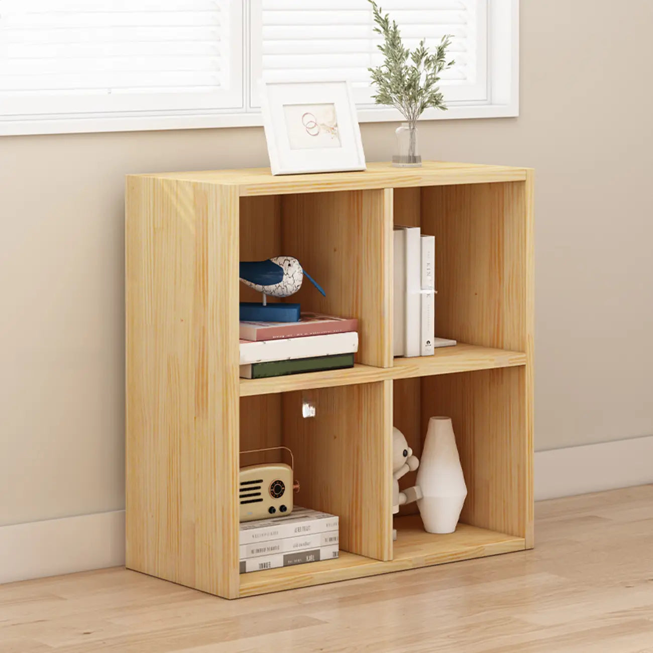 Bibliothèque basse minimaliste en bois blanc/naturel