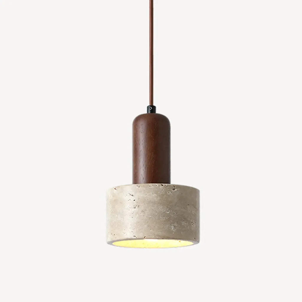 Lampe de chevet suspendue cylindrique en bois, pierre et corde