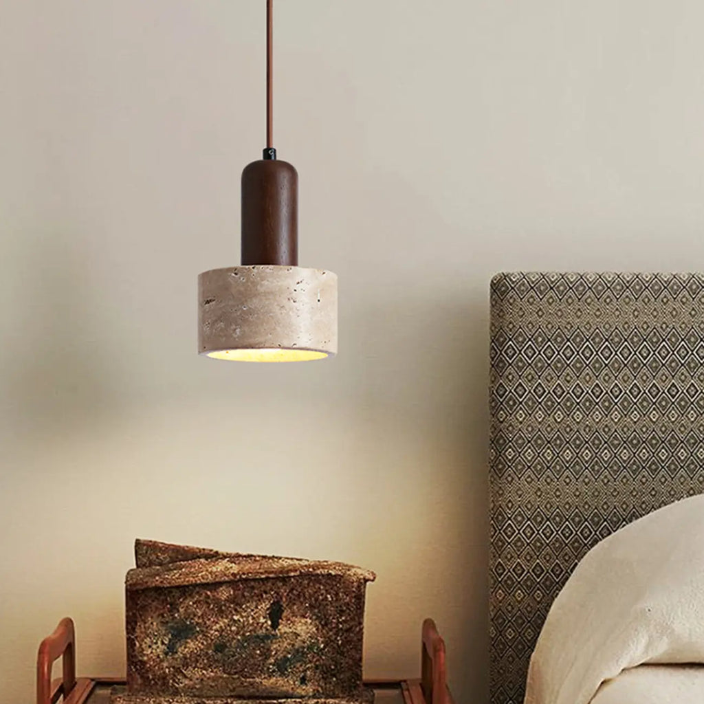 Lampe de chevet suspendue cylindrique en bois, pierre et corde
