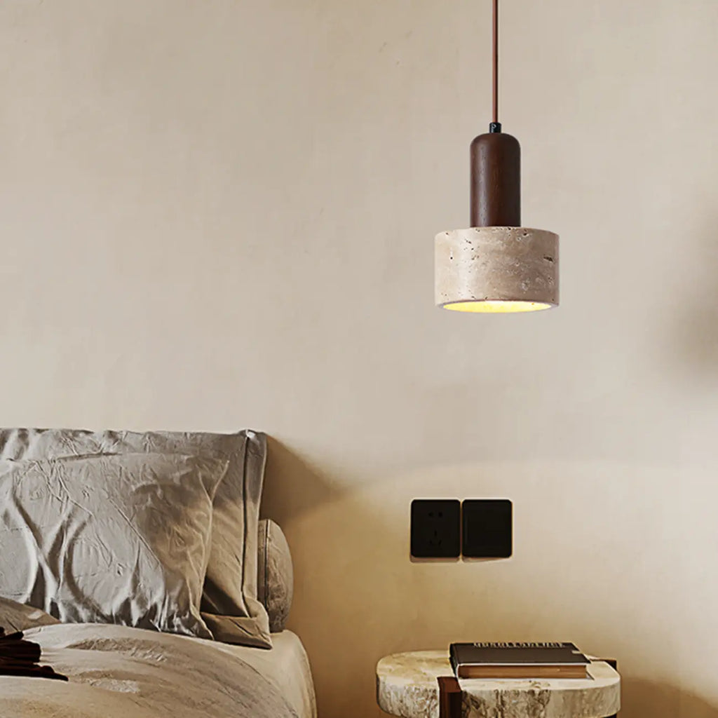 Lampe de chevet suspendue cylindrique en bois, pierre et corde