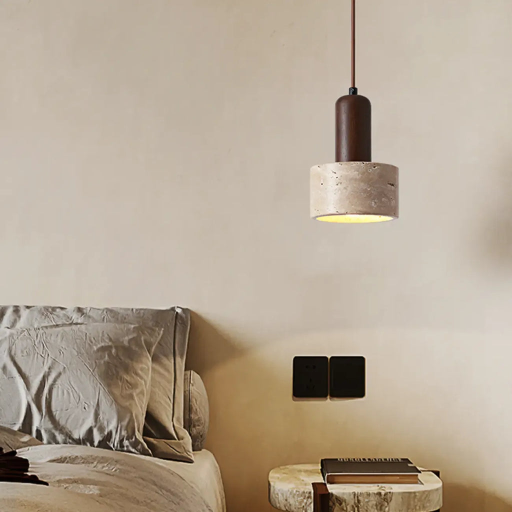 Lampe de chevet suspendue cylindrique en bois, pierre et corde