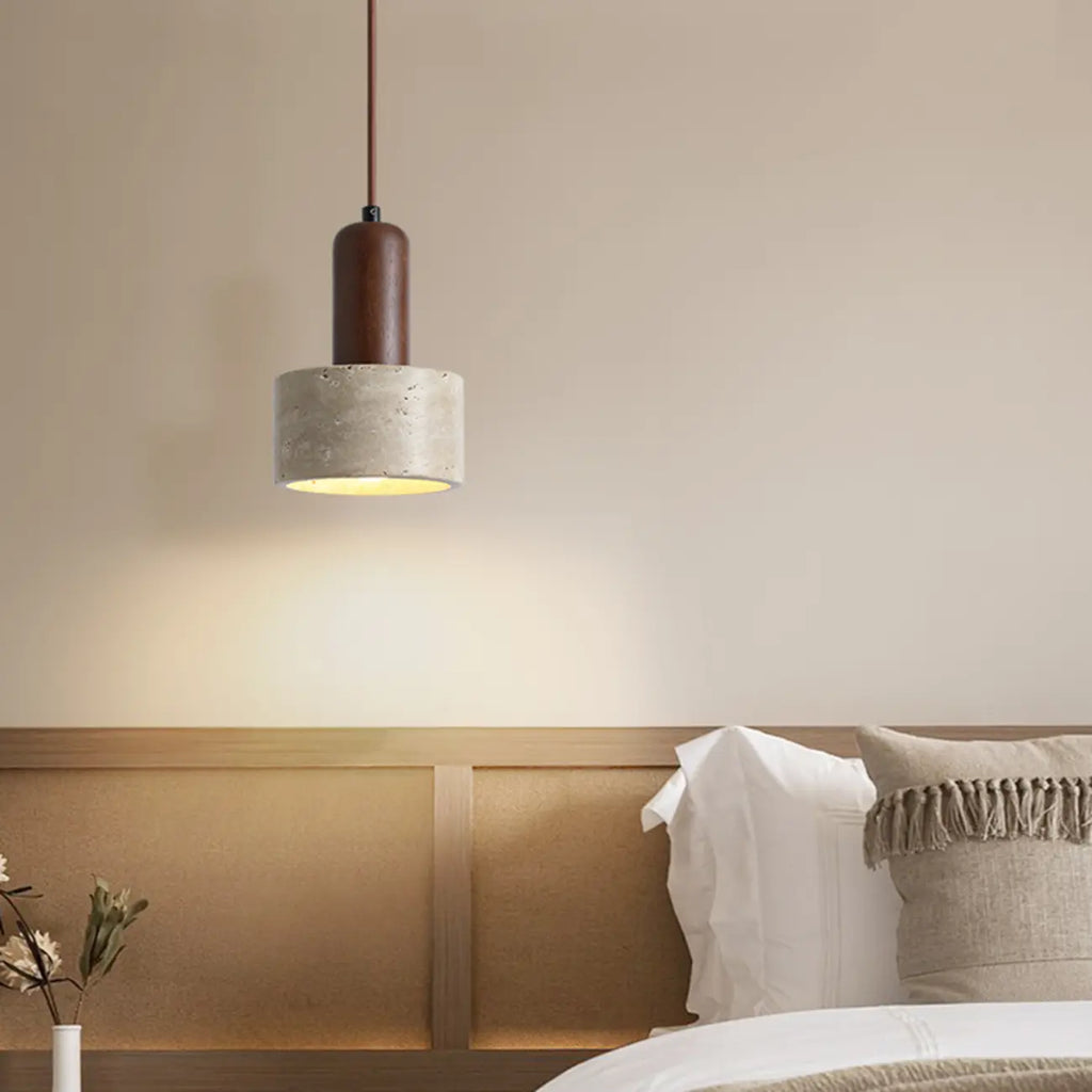 Lampe de chevet suspendue cylindrique en bois, pierre et corde