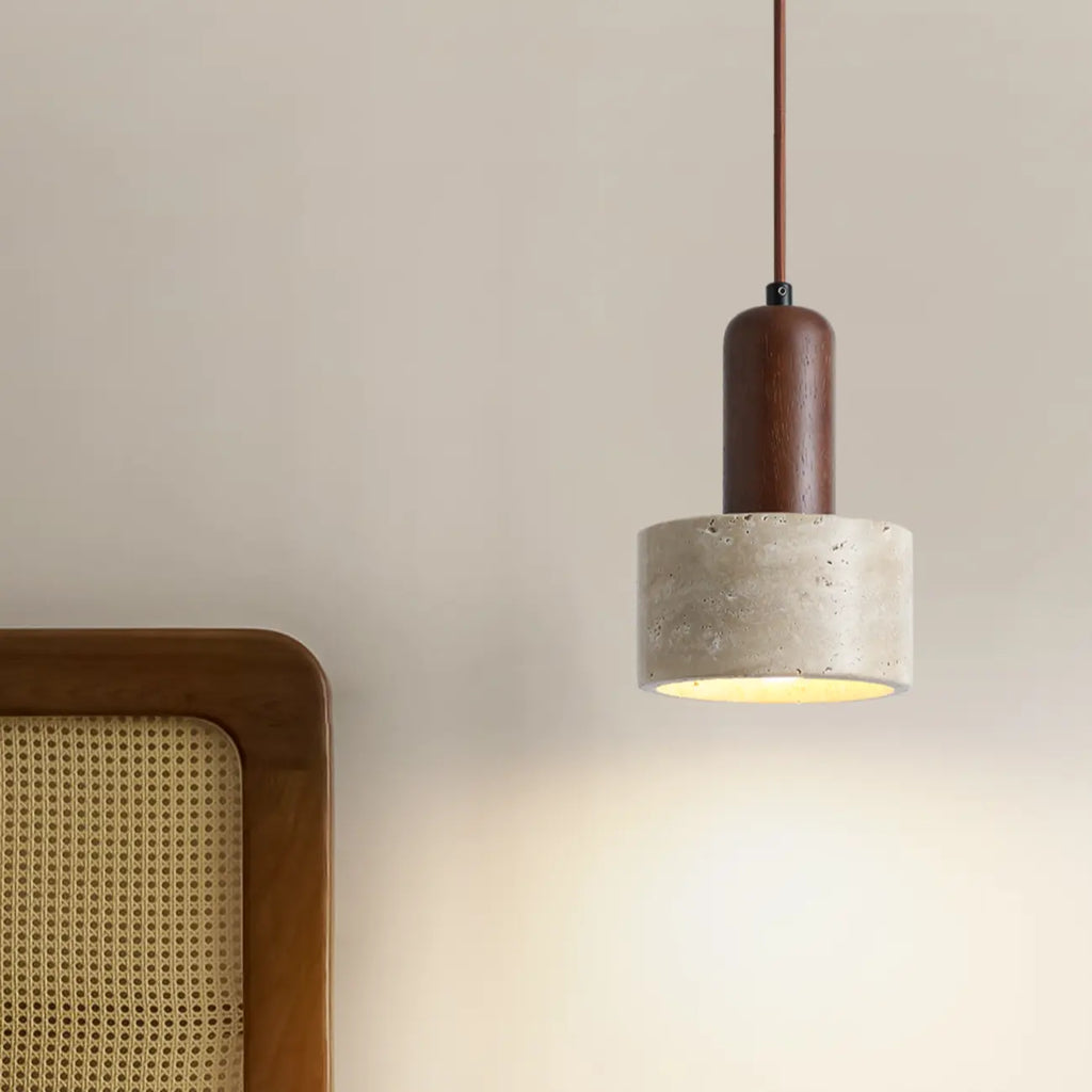 Lampe de chevet suspendue cylindrique en bois, pierre et corde