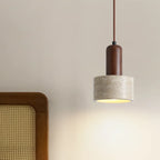 Lampe de chevet suspendue cylindrique en bois, pierre et corde