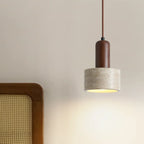 Lampe de chevet suspendue cylindrique en bois, pierre et corde