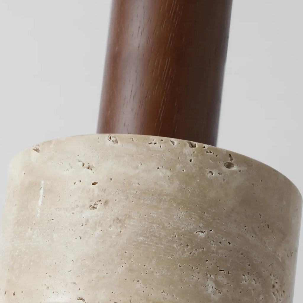 Lampe de chevet suspendue cylindrique en bois, pierre et corde