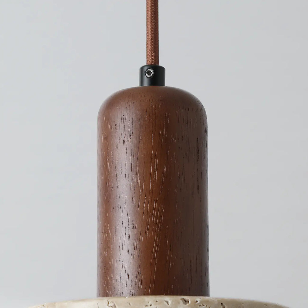 Lampe de chevet suspendue cylindrique en bois, pierre et corde
