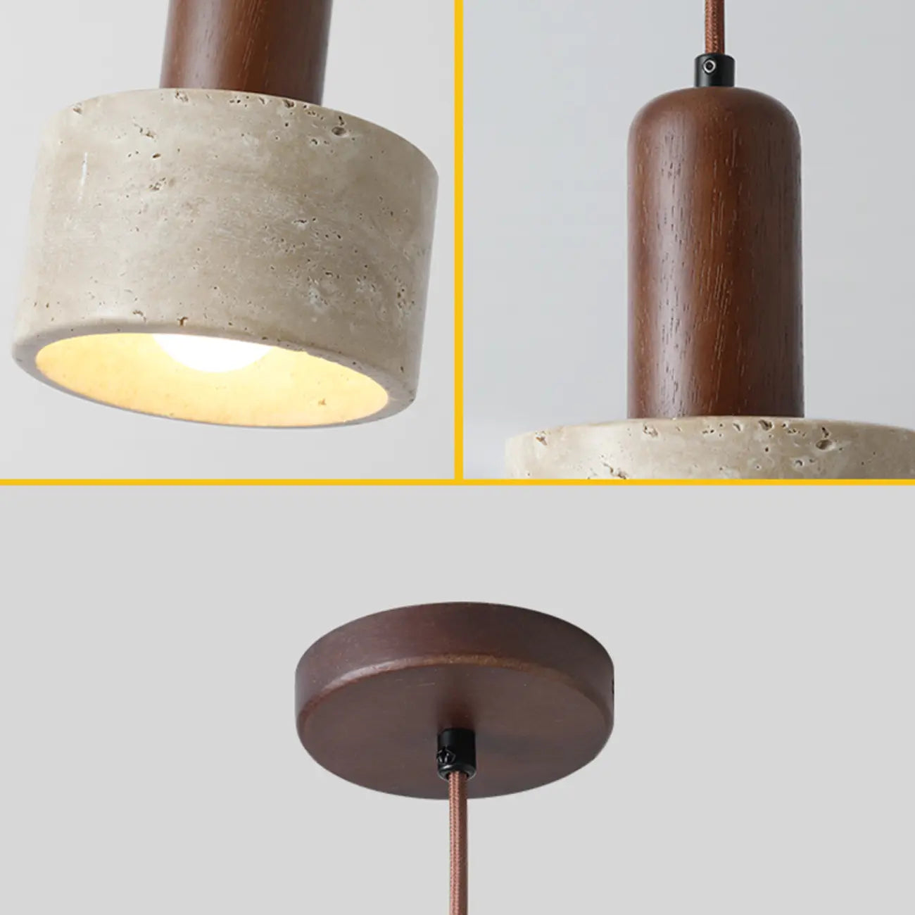 Lampe de chevet suspendue cylindrique en bois, pierre et corde