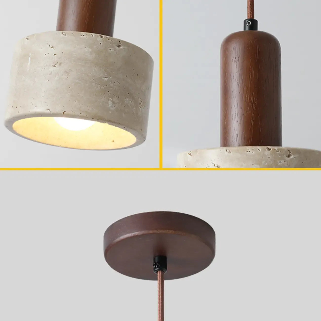 Lampe de chevet suspendue cylindrique en bois, pierre et corde