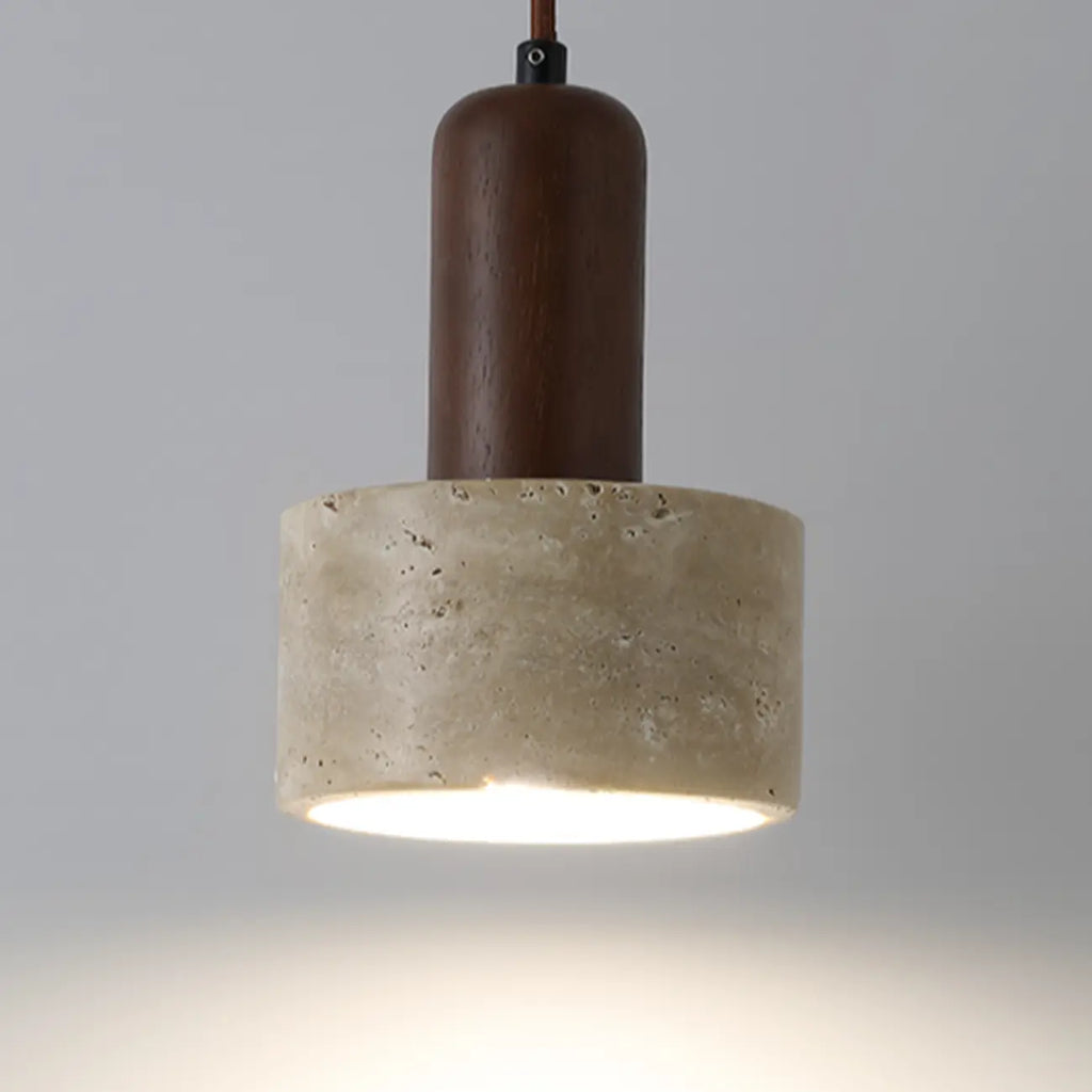 Lampe de chevet suspendue cylindrique en bois, pierre et corde