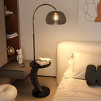 Lampadaire LED géométrique ivoire en forme d'arc avec étagère de rangement pour intérieur
