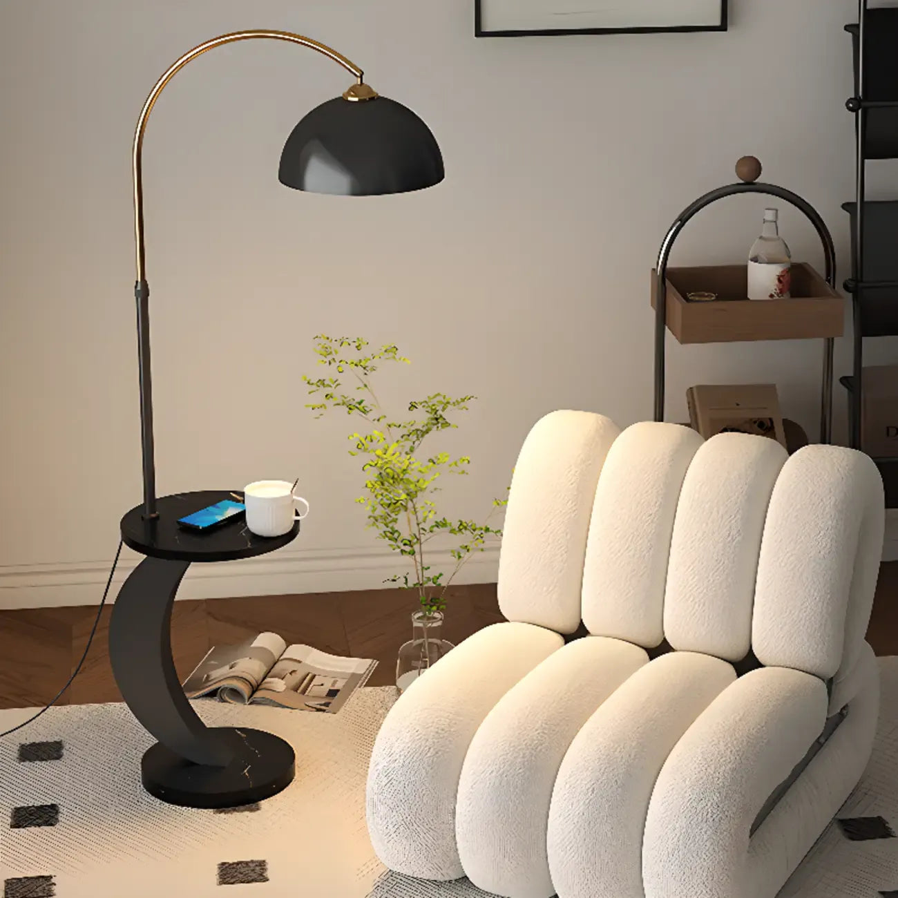 Lampadaire LED géométrique ivoire en forme d'arc avec étagère de rangement pour intérieur