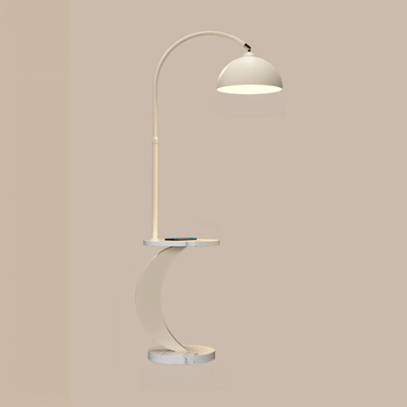 Lampadaire LED géométrique ivoire en forme d'arc avec étagère de rangement pour intérieur