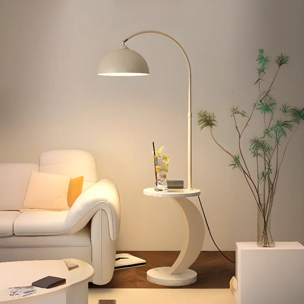 Lampadaire LED géométrique ivoire en forme d'arc avec étagère de rangement pour intérieur