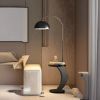 Lampadaire LED géométrique ivoire en forme d'arc avec étagère de rangement pour intérieur