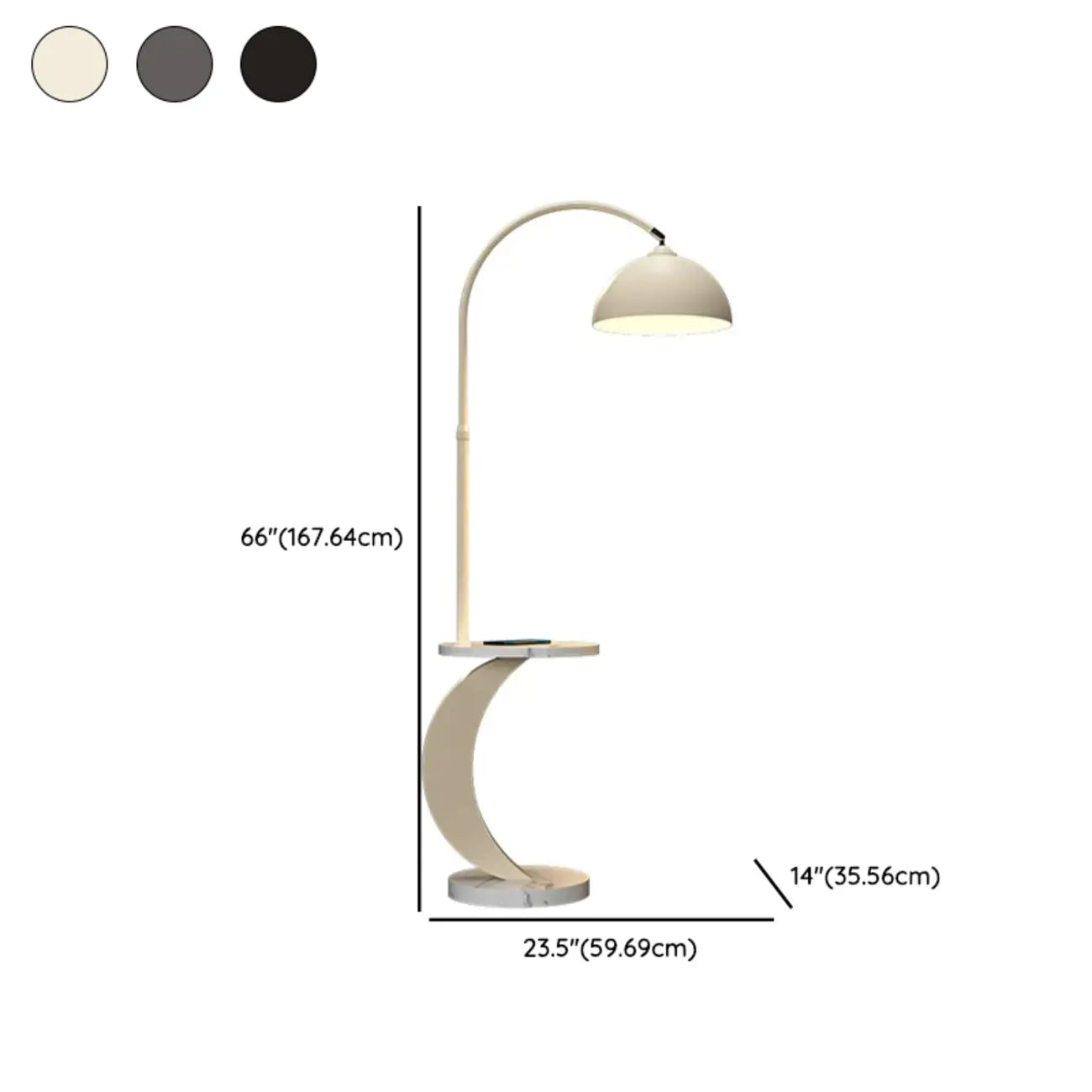 Lampadaire LED géométrique ivoire en forme d'arc avec étagère de rangement pour intérieur