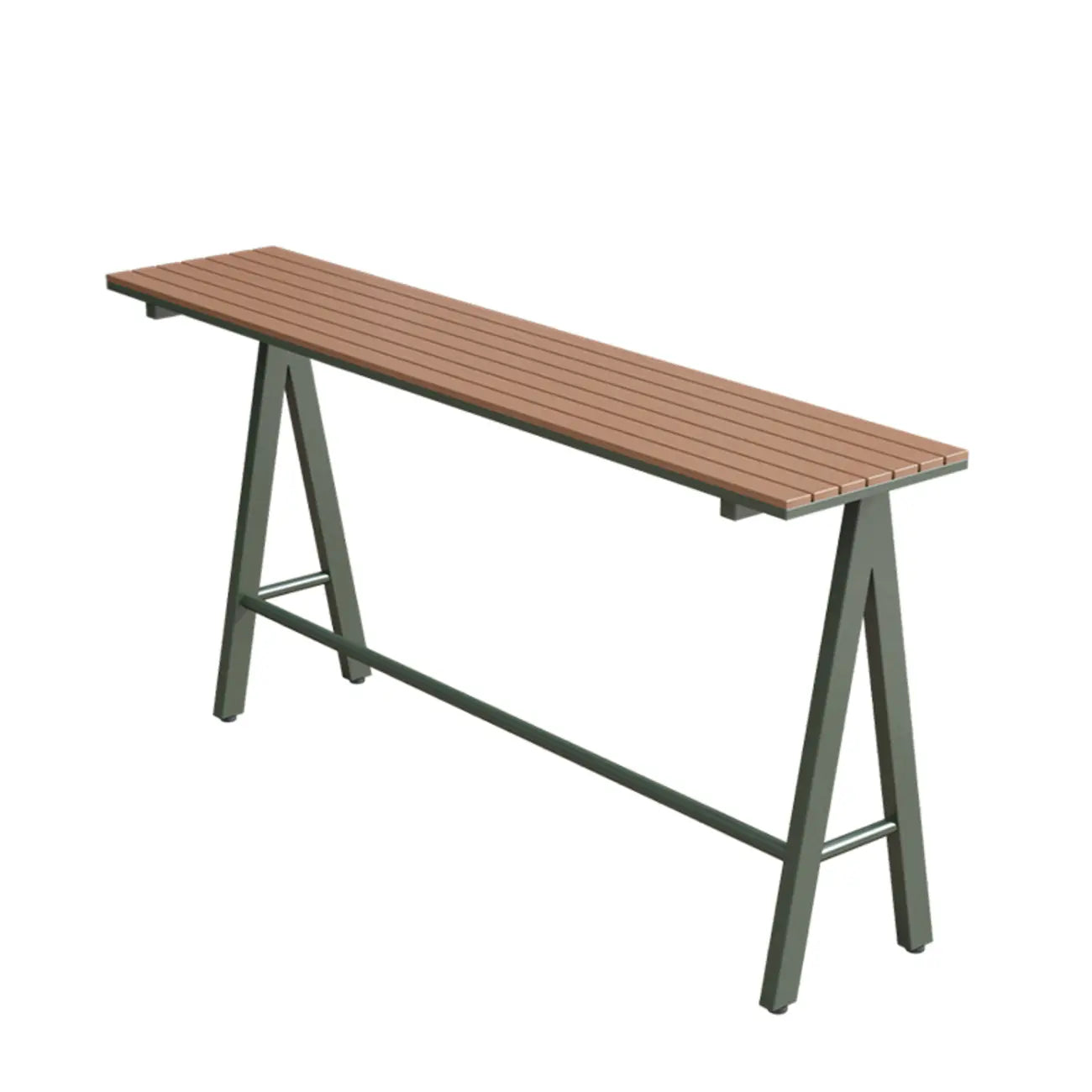 Tables de bar d'extérieur avec support en métal vert et lattes en bois