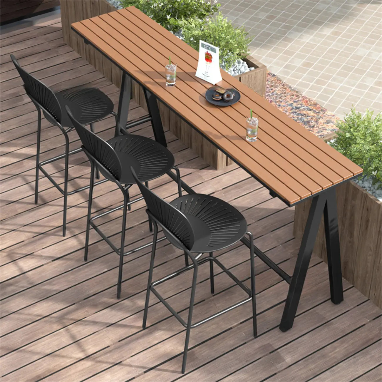 Tables de bar d'extérieur avec support en métal vert et lattes en bois