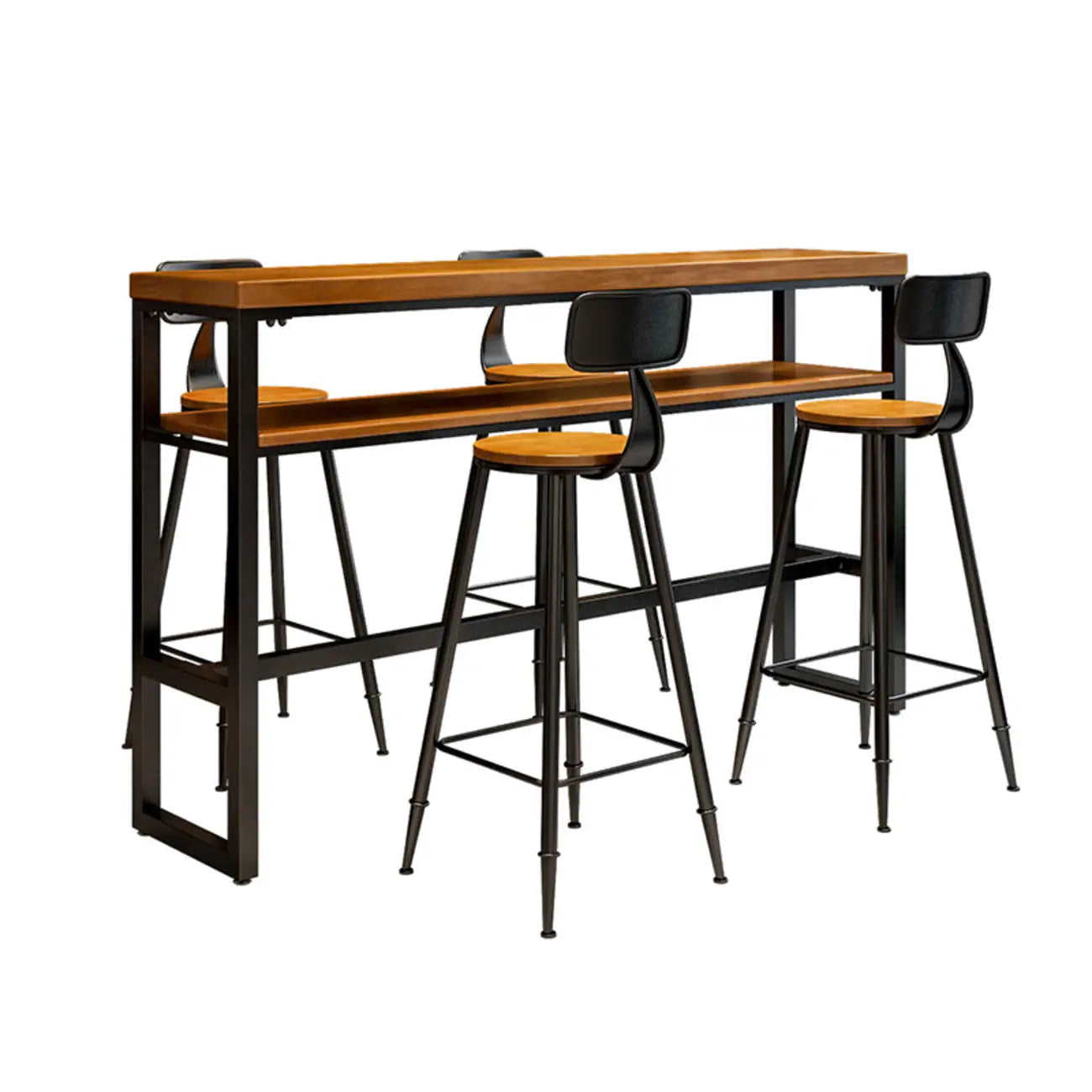 Tables de bar modernes en bois marron, métal et étagère traîneau avec repose-pieds