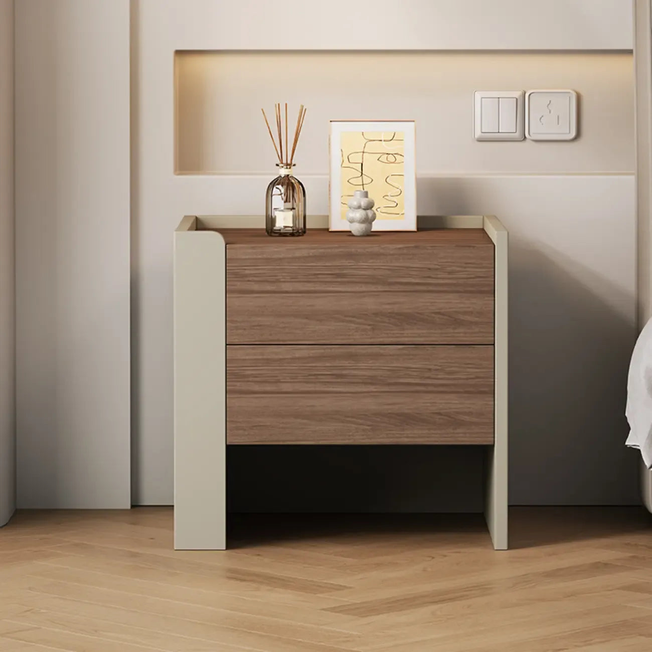 Table de chevet moderne à 2 tiroirs en pin brun-gris