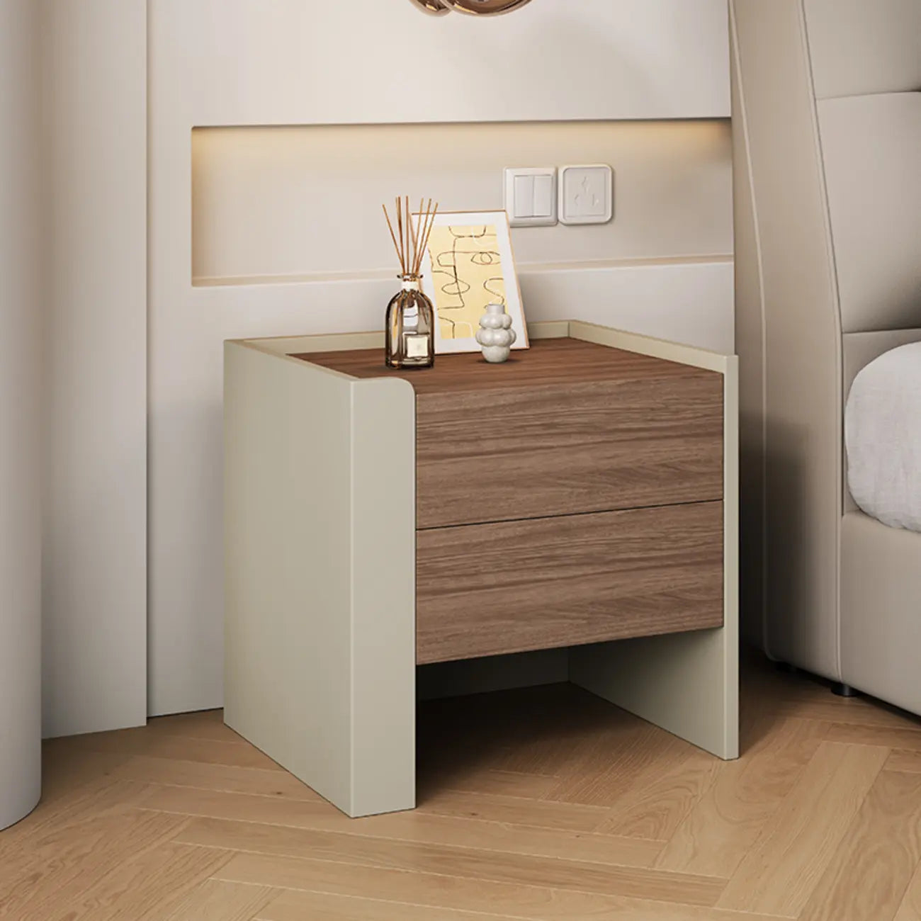 Table de chevet moderne à 2 tiroirs en pin brun-gris