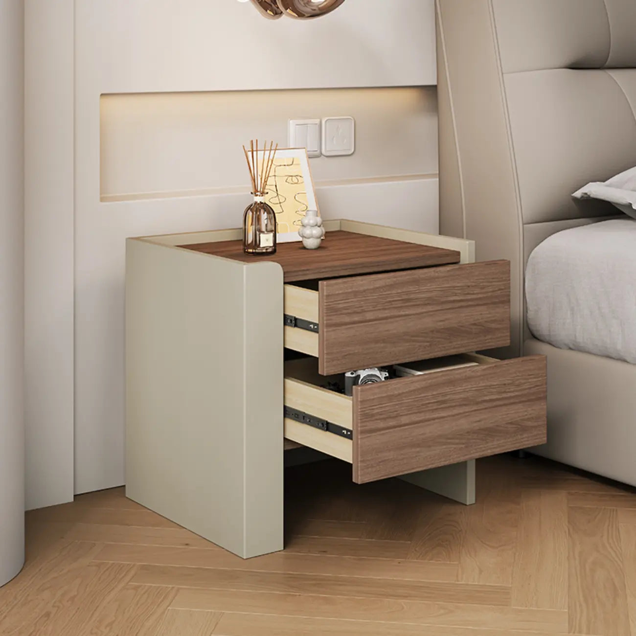 Table de chevet moderne à 2 tiroirs en pin brun-gris