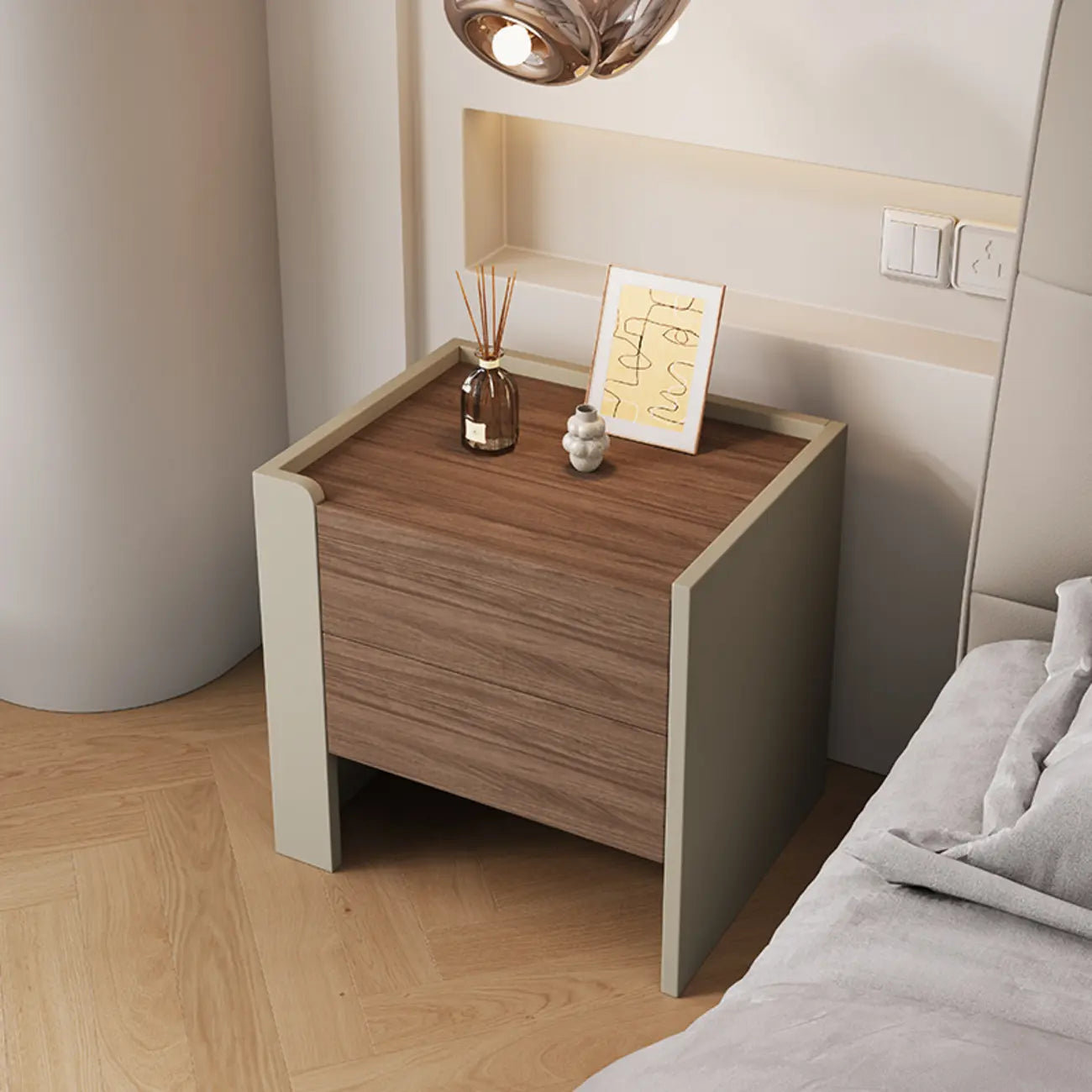Table de chevet moderne à 2 tiroirs en pin brun-gris