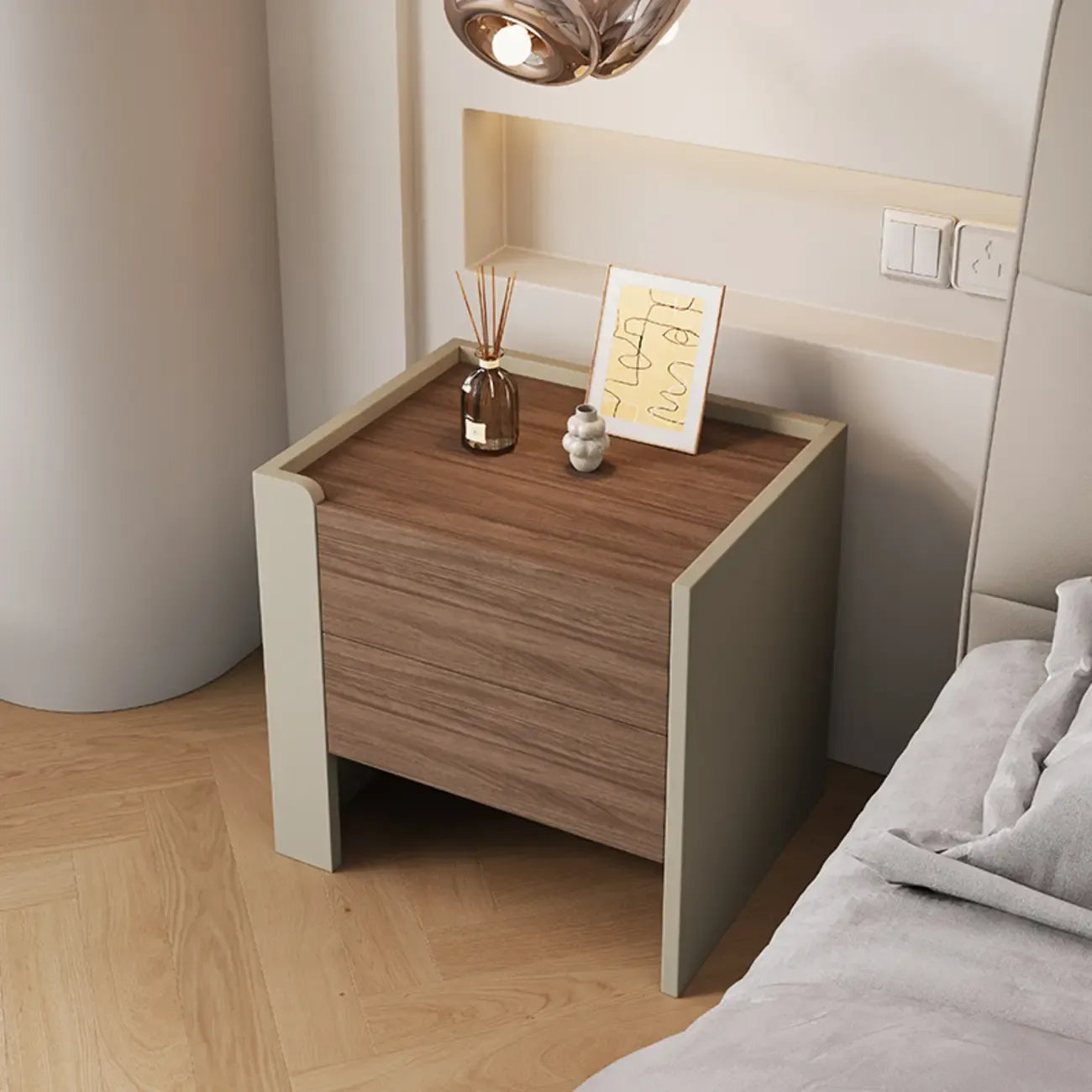 Table de chevet moderne à 2 tiroirs en pin brun-gris
