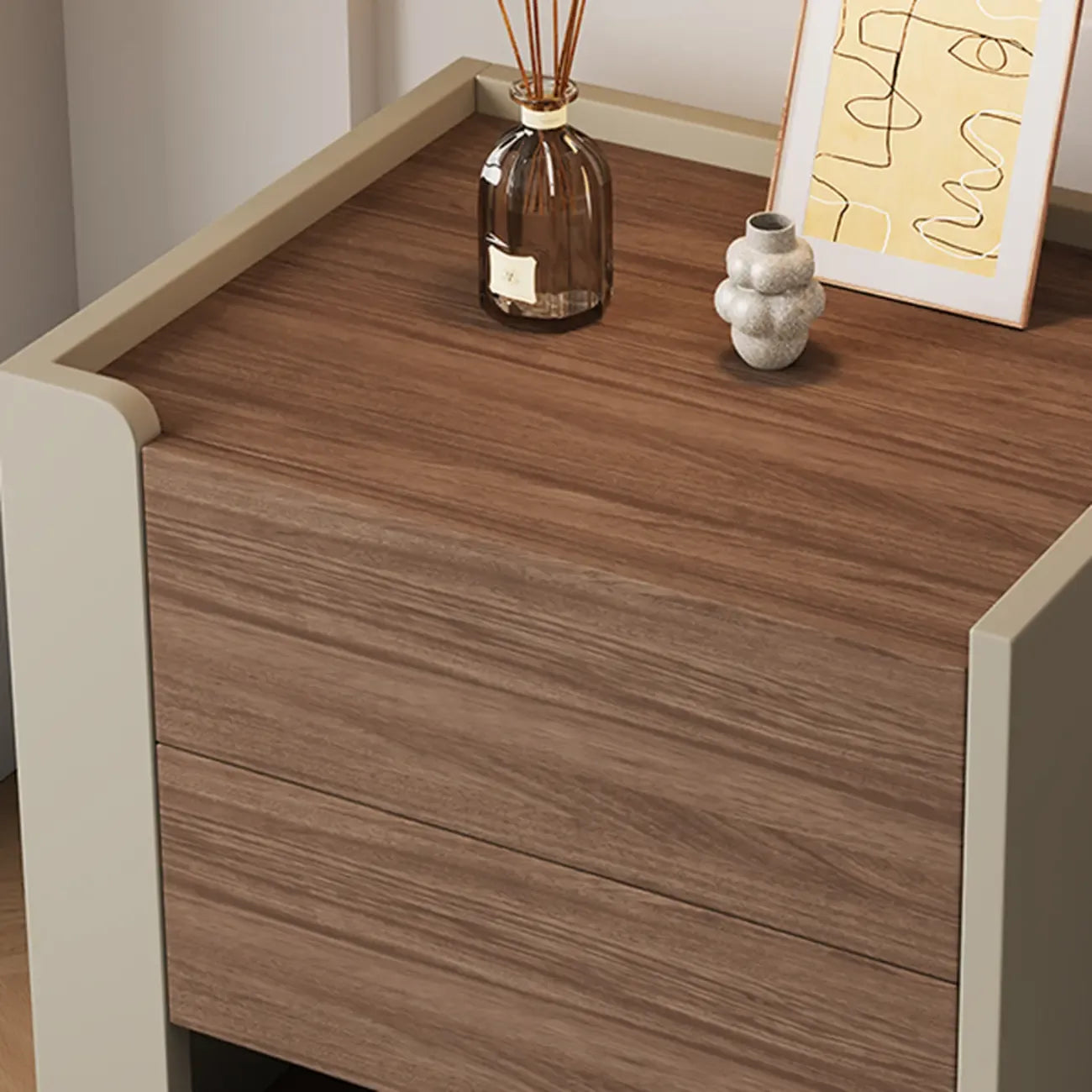 Table de chevet moderne à 2 tiroirs en pin brun-gris