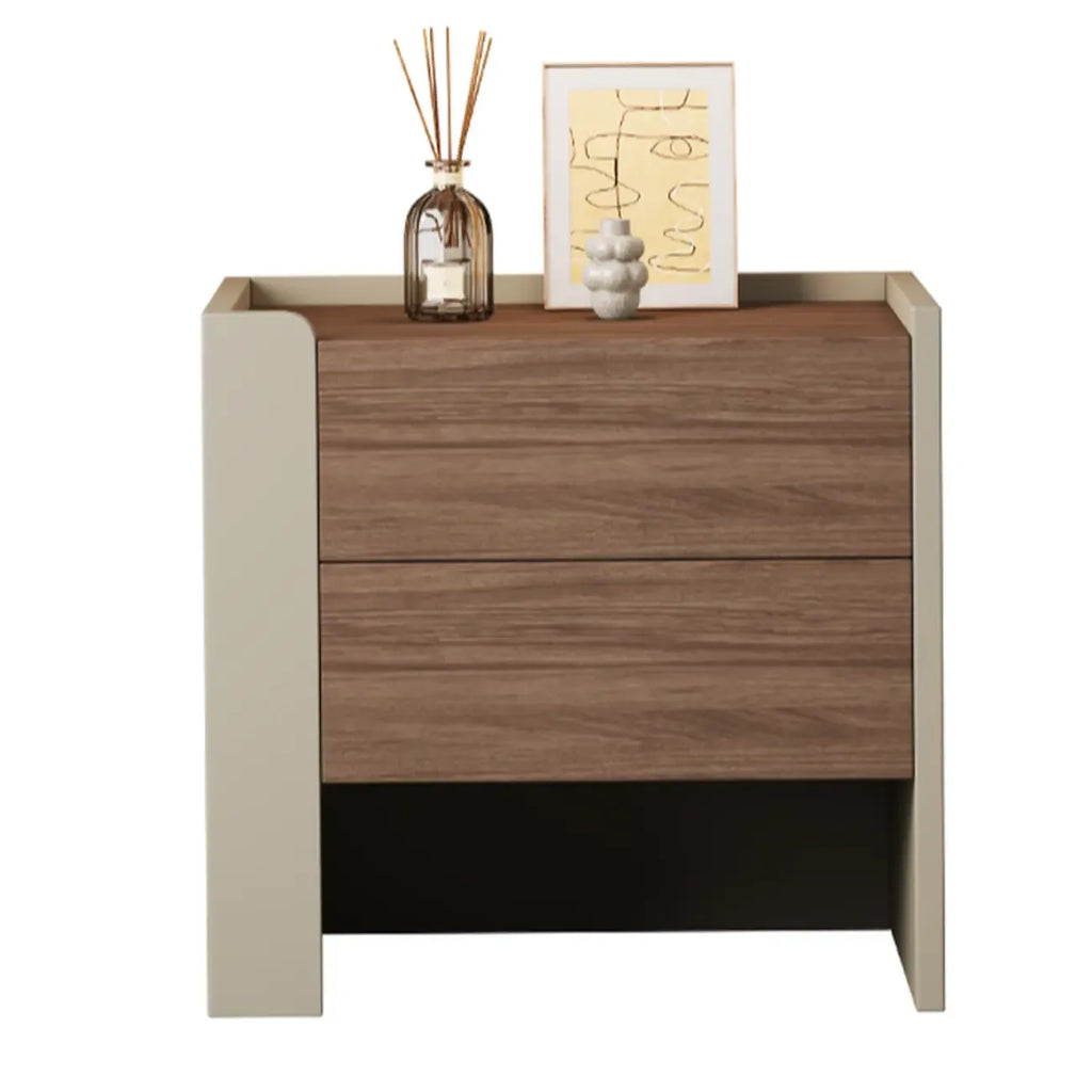 Table de chevet moderne à 2 tiroirs en pin brun-gris